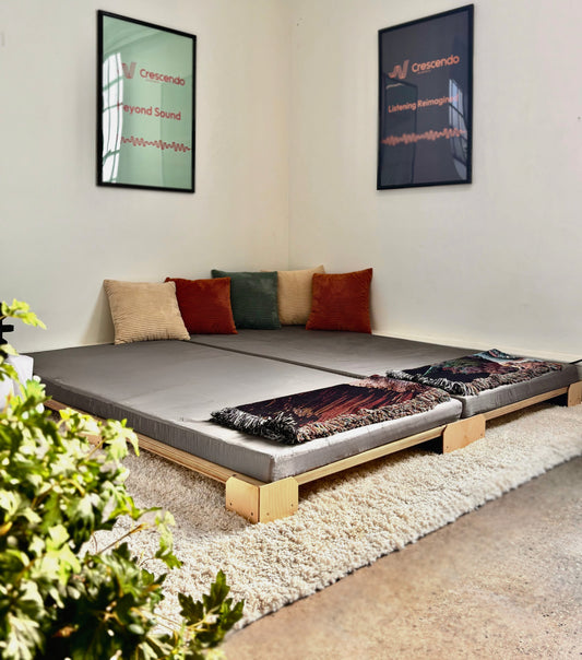 A Crescendo Bass Bed on a rug in a social space
