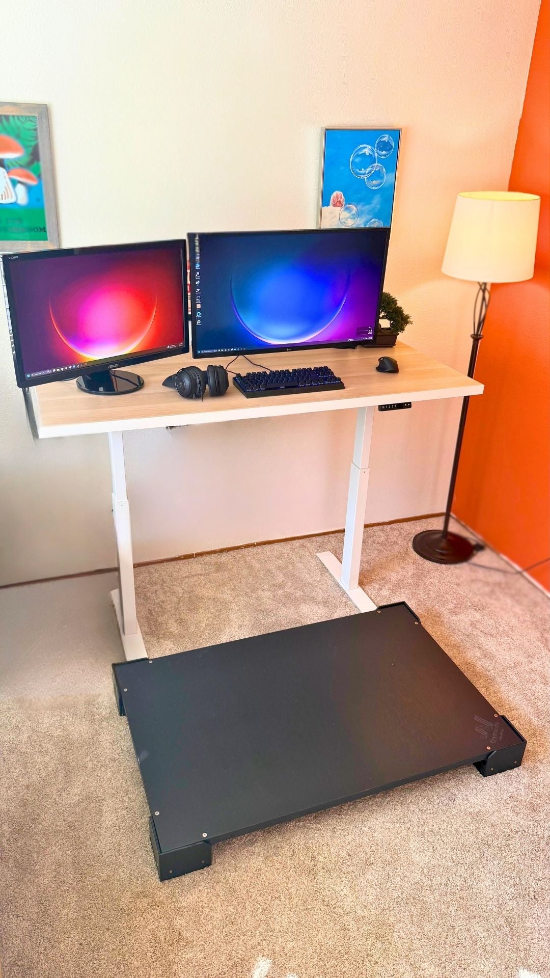 A Crescendo Studio tile placed at a standing desk in a home office.